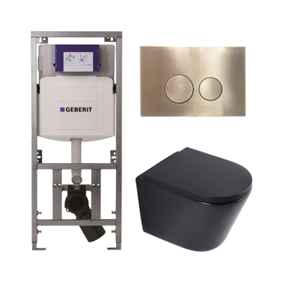QeramiQ Dely Toiletset - 36.3x51.7cm - diepspoel - rimless - Geberit UP320 inbouwreservoir - softclose toilet zitting 35 mm - geborsteld messing bedieningsplaat - ronde knoppen - mat zwart