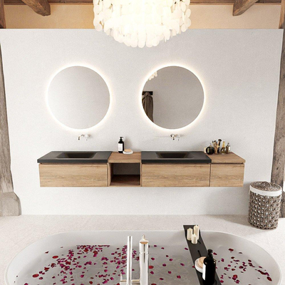 MONDIAZ BUKLA 240cm badmeubel met open module 40 links kleur Washed Oak met 3 lades. Wastafel CLOUD dubbel 0 kraangaten kleur Urban.