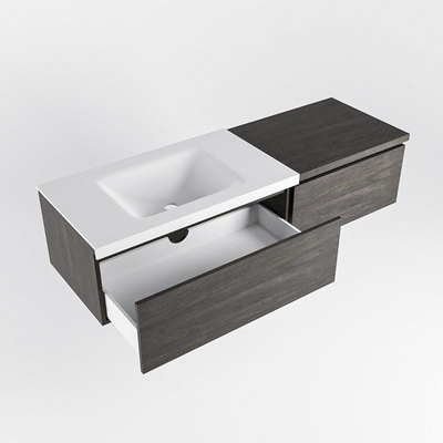 MONDIAZ BUKLA 140cm badmeubel met module 60 kleur Dark Brown met 2 lades. Wastafel CLOUD links 0 kraangaten kleur Talc.