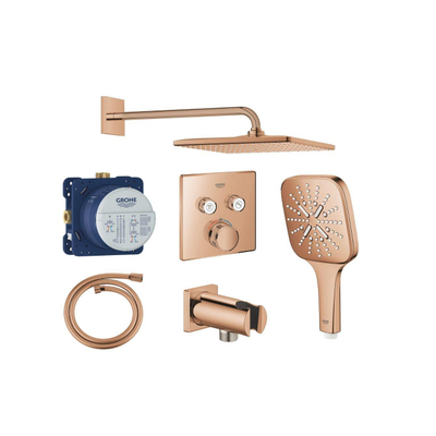 Grohe Grohtherm regendoucheset inbouw - hoofddouche vierkant - handdouche vierkant - gebogen wandarm - warm sunset