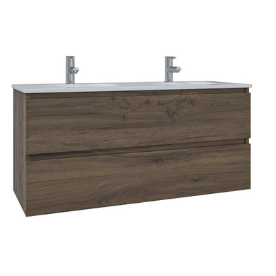 Adema Chaci Badkamermeubelset - 120x46x57cm - 2 ovale keramische wasbakken wit - 2 kraangaten - 2 lades - noten (hout)