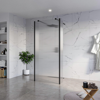 Fortifura Galeria Vrijstaande Inloopdouche - 90x200cm - Helder geribbeld - antikalk - 8mm veiligheidsglas - 2 zijwanden 30cm - wandsteunen en hoekprofielen - Zwart mat