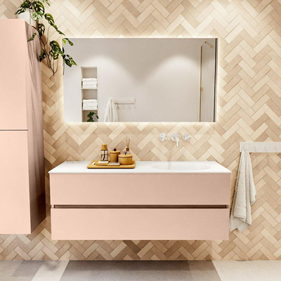 MONDIAZ VICA Badkamermeubelset - 130cm - onderkast rosee- 2 lades - wastafel moon rechts - zonder kraangaten - 60cm hoge versie - talc