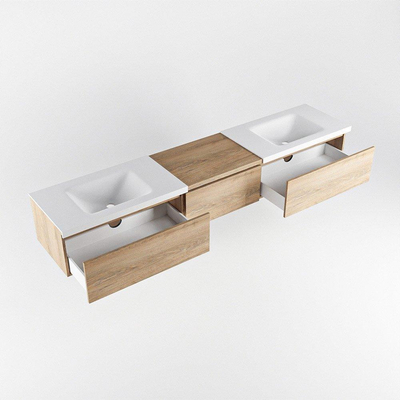 MONDIAZ BUKLA 220cm badmeubel met module 60 kleur Washed Oak met 3 lades. Wastafel CLOUD dubbel 2 kraangaten kleur Talc.