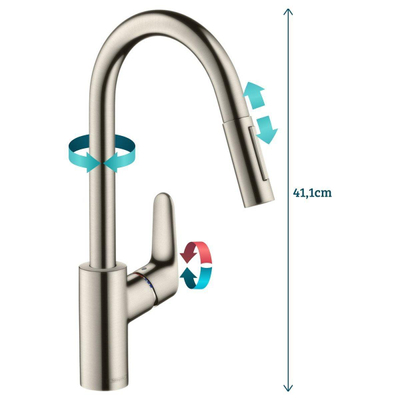 Hansgrohe Focus keukenkraan met uittrekbare vuistdouche RVS look