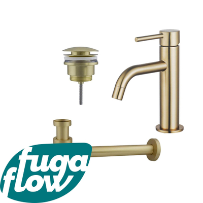 FugaFlow Eccelente Sobrado Badkamer Slim Wastafelkraanset - lage wastafelkraan - klikwaste plug - verlaagde design sifon - PVD Geborsteld Messing