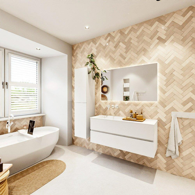 MONDIAZ VICA 120cm badmeubel onderkast Talc 2 lades. Wastafel CLOUD links zonder kraangat, kleur Talc.