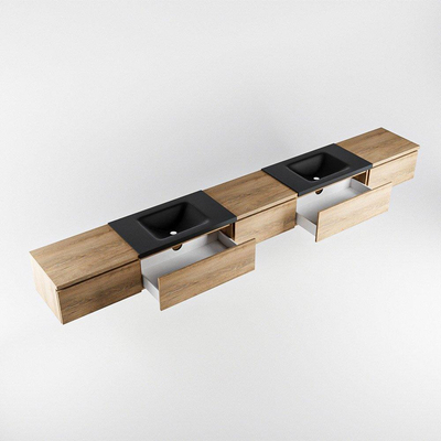 MONDIAZ BUKLA 340cm badmeubel met module 60 kleur Washed Oak met 5 lades. Wastafel CLOUD dubbel 2 kraangaten kleur Urban.