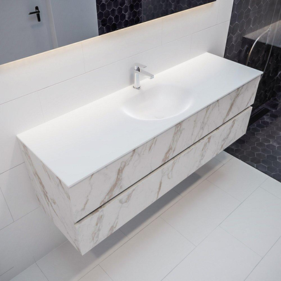 MONDIAZ VICA Badkamermeubelset - 150cm - 2 lades - wasbak Moon midden - 1 kraangat - solid surface carrara marmer