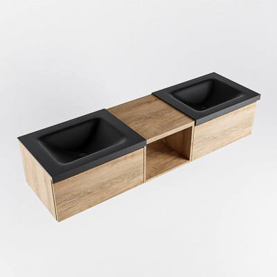 MONDIAZ BUKLA 160cm badmeubel met open module 40 kleur Washed Oak met 2 lades. Wastafel CLOUD dubbel 2 kraangaten kleur Urban.