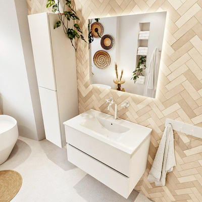 MONDIAZ VICA 80cm badmeubel onderkast Talc 2 lades. Wastafel DENIA midden 1 kraangat, kleur Glanzend Wit.