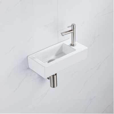 QeramiQ Fuente Fonteinset - 37.5x18.5x9cm - keramiek - kraangat rechts - fonteinkraan geborsteld RVS - afvoerplug - verlaagd sifon - Glans wit