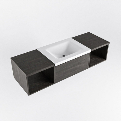 MONDIAZ BUKLA 140cm badmeubel met open module 40 L+R kleur Dark Brown met 2 lades. Wastafel CLOUD midden 0 kraangaten kleur Talc.