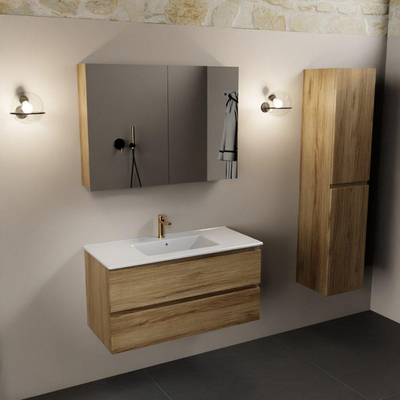 Mondiaz Aivy badmeubelset - 100x45x50cm - 1 kraangat - 1 wasbak talc Keramiek - Midden - 2 lades - Met spiegelkast - Melamine Chai