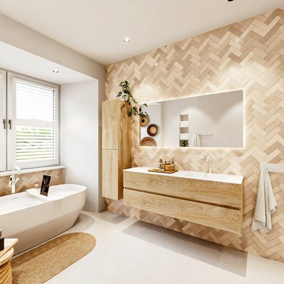 MONDIAZ VICA 150cm badmeubel onderkast Washed Oak 2 lades. Wastafel CLOUD rechts 1 kraangat, kleur Talc.