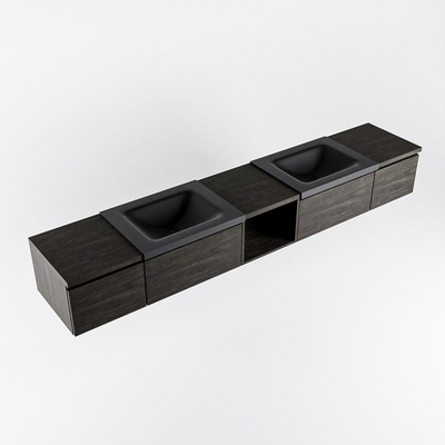 MONDIAZ BUKLA 240cm badmeubel met open module 40 midden kleur Dark Brown met 4 lades. Wastafel CLOUD dubbel 2 kraangaten kleur Urban.