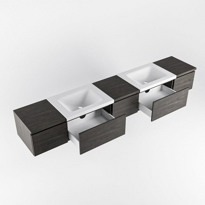 MONDIAZ BUKLA 240cm badmeubel met module 40 kleur Dark Brown met 5 lades. Wastafel CLOUD dubbel 2 kraangaten kleur Talc.