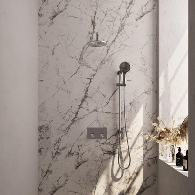 BRAUER Brushed Carving Thermostatische Regendouche inbouw - drukknoppen - SET 69 - 20cm hoofddouche - gebogen muurarm - 3 standen handdouche - doucheslang - geïntegreerde glijstang - RVS geborsteld PVD