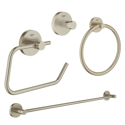 GROHE Essentials accessoireset 4-delig met handdoekring, handdoekhouder, handdoekhaak en toiletrolhouder zonder klep geborsteld Nikkel