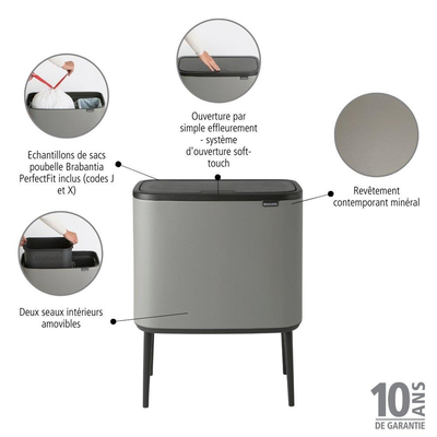 Brabantia Bo Touch Bin Afvalemmer - 11+23 liter - 2 kunststof binnenemmers - mineral concrete grey