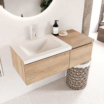 Mondiaz BUKLA Badkamermeubelset - 100x45x34cm - 1 kraangat - wasbak links - solid surface - Talc - greeploos - 2 lades - Melamine - Washed Oak