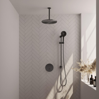 BRAUER Gunmetal Carving thermostatische Inbouw Regendouche - 3-weg - rond - set 96 - 30cm hoofddouche - plafondarm - 3-standen handdouche - doucheslang - geïntegreerde glijstang - gunmetal geborsteld PVD