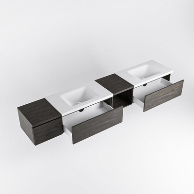 MONDIAZ BUKLA 240cm badmeubel met open module 40 rechts kleur Dark Brown met 3 lades. Wastafel CLOUD dubbel 2 kraangaten kleur Talc.