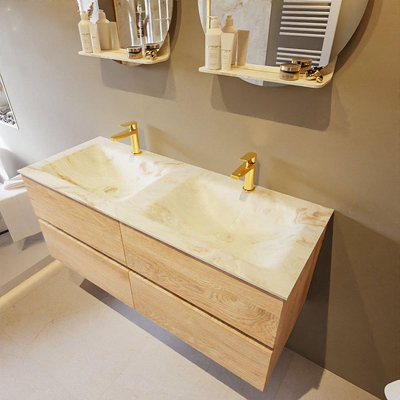 MONDIAZ VICA-DLUX Badkamermeubelset - 120cm - onderkast washed oak - 4 lades - inbouw wastafel cloud dubbel - 2 kraangaten - 60cm hoge versie - frape