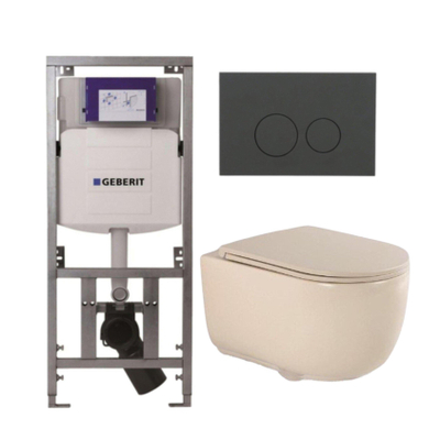 QeramiQ Dely Swirl Toiletset - 36.3x51.7cm - Geberit UP320 Burda inbouwreservoir - slim zitting - bedieningsplaat mat antraciet - ronde knoppen - beige