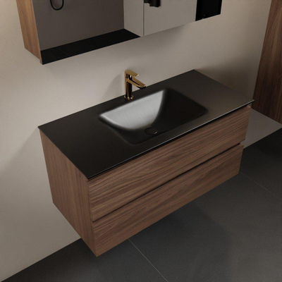 Mondiaz Aivy badmeubelset - 100x45x50cm - 1 kraangat - 1 wasbak urban Solid surface - Midden - 2 lades - Met spiegelkast - Melamine Mocha