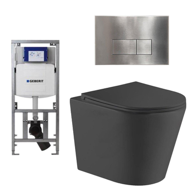QeramiQ Dely Toiletset - 36.3x51.7cm - diepspoel - rimless - Geberit UP320 Burda inbouwreservoir - softclose toiletzitting - steel bedieningsplaat - rechtehoekige knoppen - zwart mat