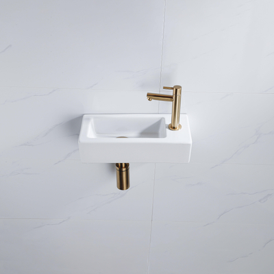 QeramiQ Fuente Fonteinset - 37.5x18.5x9cm - keramiek - kraangat rechts - fonteinkraan geborsteld messing - afvoerplug - verlaagd sifon - Glans wit