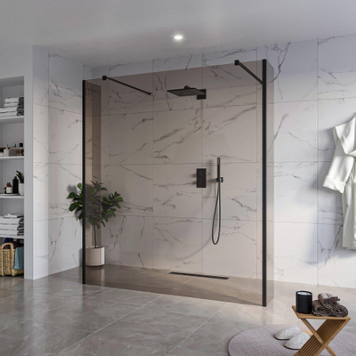 Fortifura Galeria Vrijstaande Inloopdouche - 180x200cm - Rookglas - antikalk - 8mm veiligheidsglas - 2 zijwanden 40cm - wandsteunen en hoekprofielen - Zwart mat