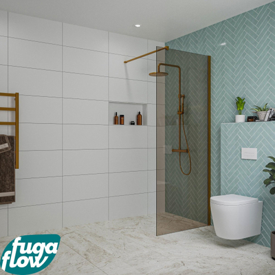 FugaFlow Eccelente Vetro inloopdouche badkamer - 80x200cm - rookglas - wandarm - geborsteld koper -