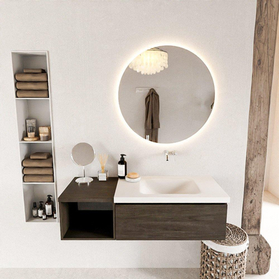 MONDIAZ BUKLA 120cm badmeubel met open module 40 kleur Dark Brown met 1 lade. Wastafel CLOUD rechts 0 kraangaten kleur Talc.