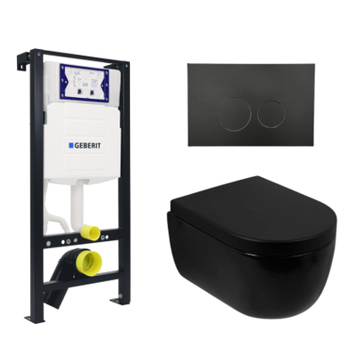 Plieger Kansas Toiletset - UP320 inbouwreservoir - wandcloset - compact - zitting - softclose - mat zwarte bedieningsplaat - ronde knoppen - mat zwart