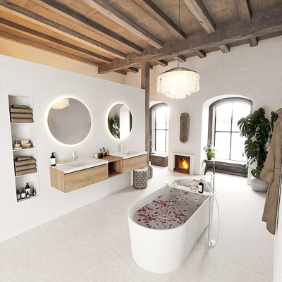 MONDIAZ BUKLA 200cm badmeubel met open module 40 kleur Washed Oak met 2 lades. Wastafel CLOUD dubbel 2 kraangaten kleur Talc.