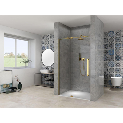 Van Rijn Products ST08 Nis draaideur 2 delig 1250-1350 x 2000mm 8 mm Helder glas incl. Glasbehandeling, Mat Messing muurprofiel, Greep en Stabilisatiestang