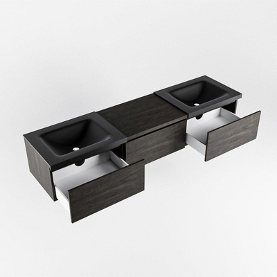 MONDIAZ BUKLA 180cm badmeubel met module 60 kleur Dark Brown met 3 lades. Wastafel CLOUD dubbel 0 kraangaten kleur Urban.