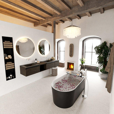 MONDIAZ BUKLA 200cm badmeubel met open module 40 links kleur Dark Brown met 3 lades. Wastafel CLOUD dubbel 0 kraangaten kleur Urban.