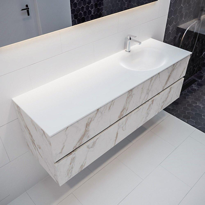 MONDIAZ VICA Badkamermeubelset - 150cm - 2 lades - wasbak Moon rechts - 1 kraangat - solid surface carrara marmer