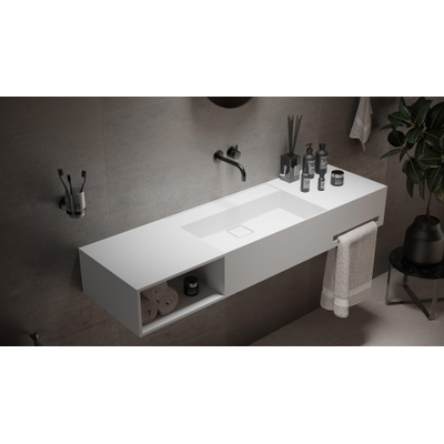 Ideavit Wastafel - 140x40x20cm - solid surface - afgeronde binnenhoeken - handdoekhouder rechts - opbergvak links - vierkante afvoerdekking - solid surface - mat wit
