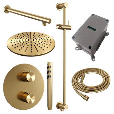 BRAUER Gold Edition thermostatische Inbouw Regendouche - 3-weg - rond - set 86 - 30cm hoofddouche - rechte muurarm - staaf handdouche - doucheslang - geïntegreerde glijstang - goud geborsteld PVD