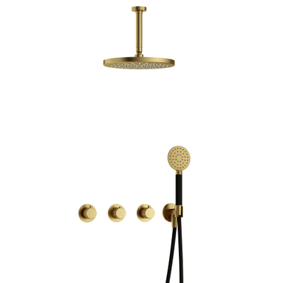 Hotbath Cobber X IBSX70 Regendoucheset inbouw - hoofddouche 30cm - plafondarm 15cm - handdouche rond 3 standen - geborsteld messing - PVD