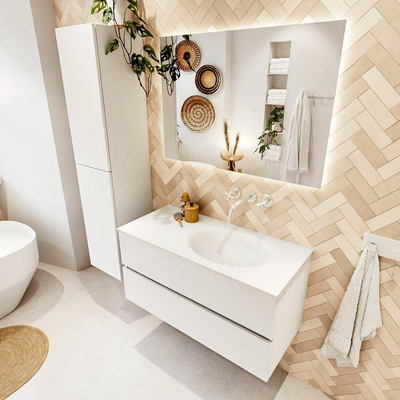 MONDIAZ VICA 100cm badmeubel onderkast Talc 2 lades. Wastafel MOON rechts zonder kraangat, kleur Talc.