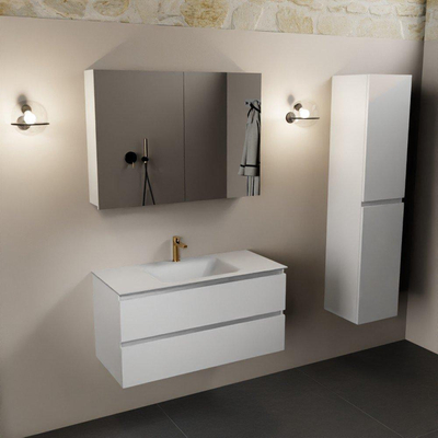 Mondiaz Aivy badmeubelset - 100x45x50cm - 1 kraangat - 1 wasbak talc Solid surface - Midden - 2 lades - Met spiegelkast - MDF Talc