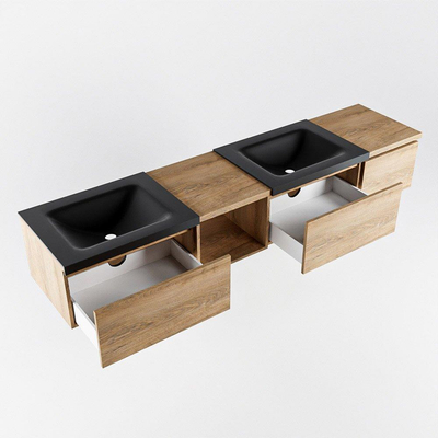 MONDIAZ BUKLA 200cm badmeubel met open module 40 links kleur Washed Oak met 3 lades. Wastafel CLOUD dubbel 0 kraangaten kleur Urban.