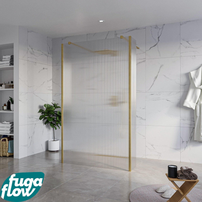 FugaFlow Eccelente Vetro Vrijstaande inloopdouche badkamer - 120x200cm - Helder geribbeld - antikalk - 8mm veiligheidsglas - 2 zijwanden 40cm - met wandarmen en hoekprofielen - Messing geborsteld (goud) -