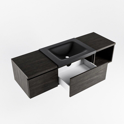 MONDIAZ BUKLA 140cm badmeubel met open module 40 rechts kleur Dark Brown met 2 lades. Wastafel CLOUD rechts 0 kraangaten kleur Urban.