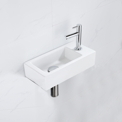 QeramiQ Fuente Fonteinset - 37.5x18.5x9cm - keramiek - kraangat rechts - fonteinkraan chroom - afvoerplug - verlaagd sifon - Mat wit